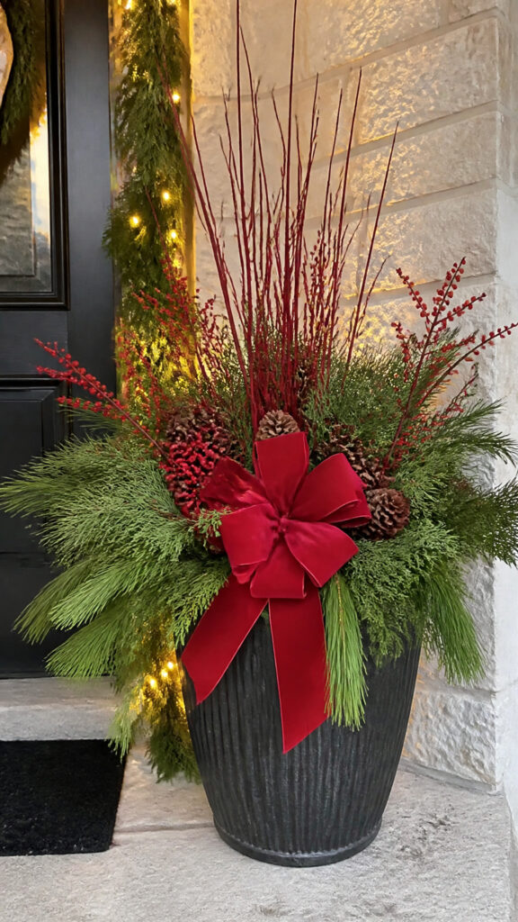 Classic Evergreen Christmas Porch Pots with Traditional Charm