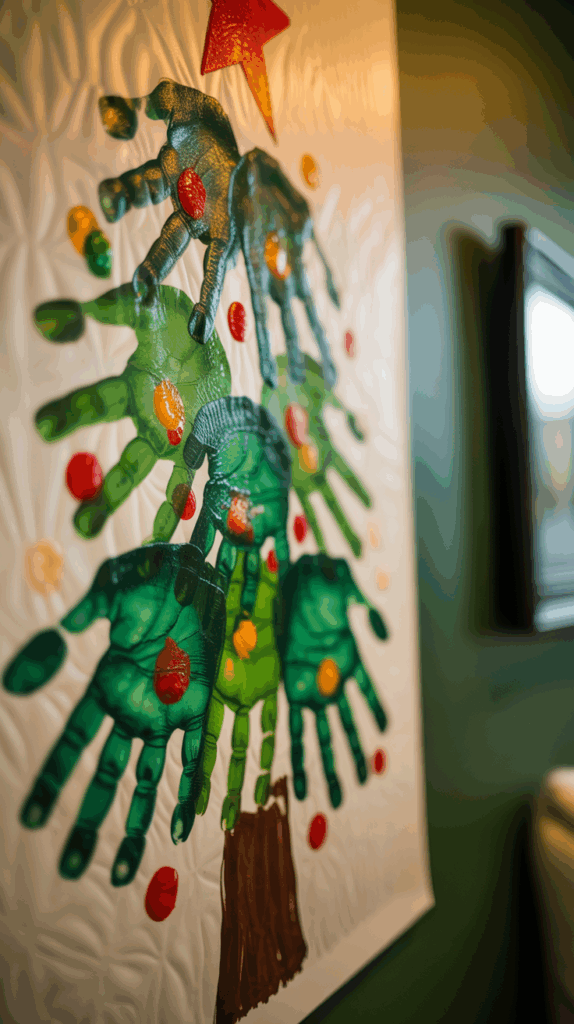 A handmade Christmas tree craft made from green handprints arranged to form the shape of a tree, decorated with colorful paint spots resembling ornaments, and topped with a red star, displayed on a textured background.