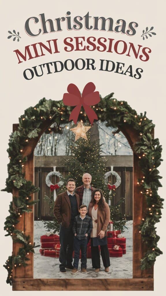 A family stands under a decorated wooden arch with Christmas lights and greenery, surrounded by holiday-themed decorations and gifts, promoting Christmas mini photography sessions.