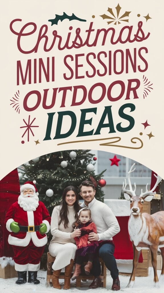A family of three posing outdoors for a Christmas mini session, sitting between a Santa Claus figure and a reindeer statue, with a decorated Christmas tree in the background.