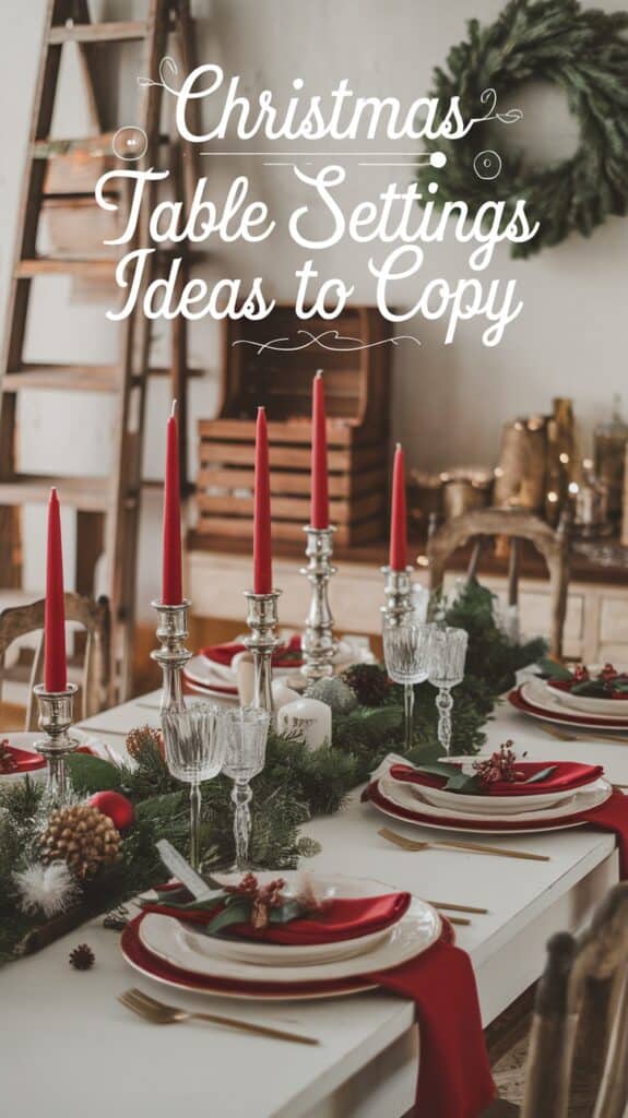 A festive Christmas table setting with red candles in silver holders, crystal glassware, and red napkins on white plates, accented with green foliage and pine cones, under text reading 'Christmas Table Settings Ideas to Copy.'