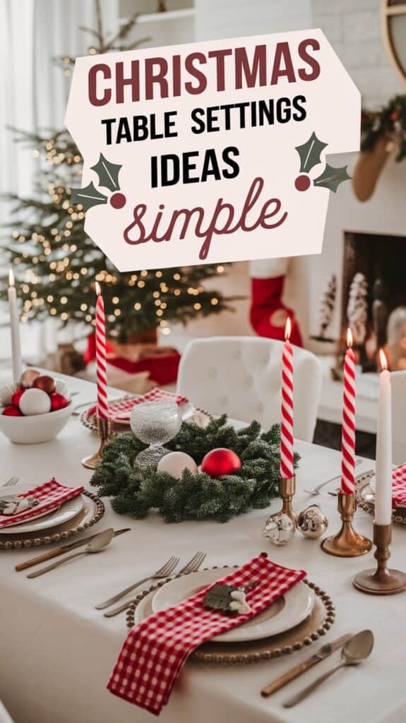 A festive Christmas table setting with red and white checkered napkins, gold cutlery, candy cane striped candles, and a wreath centerpiece, with a decorated Christmas tree and a fireplace in the background.