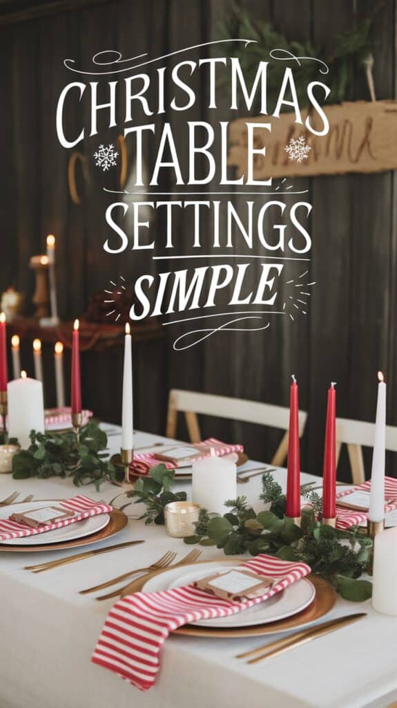 A Christmas table setting featuring red and white striped napkins atop white plates with gold cutlery, surrounded by red and white candles and green foliage.