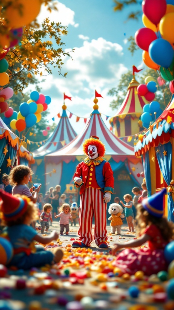 A vibrant circus scene with children playing and a clown entertaining.