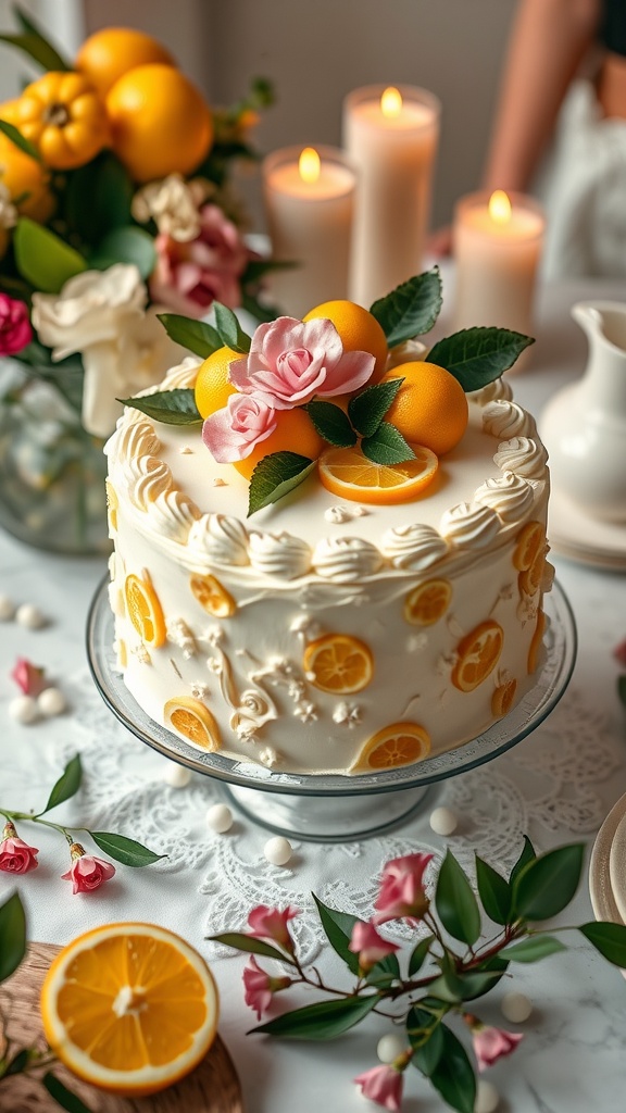 A decorative cake topped with small oranges, pink and white flowers, and green leaves, displayed on a glass stand. The cake is adorned with swirls of frosting and orange slices along the sides. In the background, there are lit candles and a floral centerpiece, creating an elegant table setting.