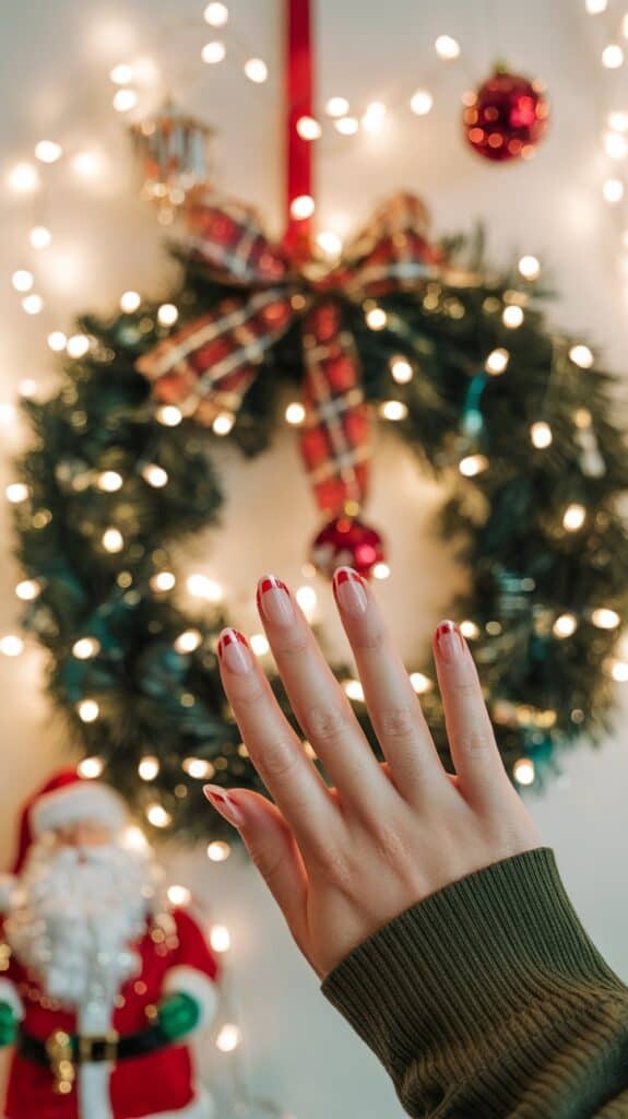 A hand with festive red and white nail art in front of a blurred Christmas wreath decorated with lights and a plaid bow, with a Santa Claus figure nearby.