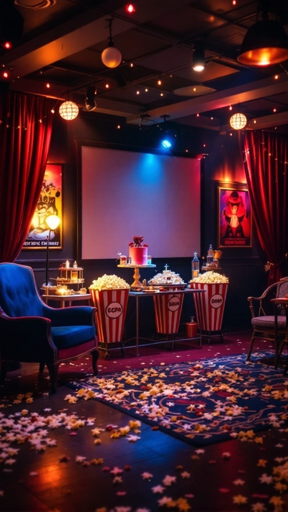 A stylish movie night setup with cozy seating, popcorn buckets, and colorful lights.
