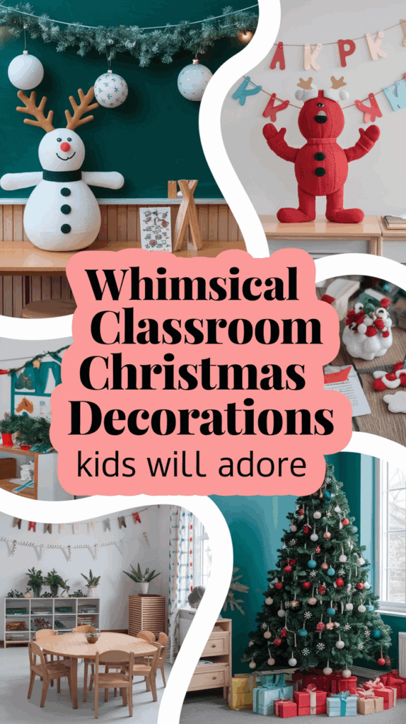 A collage of whimsical classroom Christmas decorations featuring a felt snowman and reindeer, garlands, a decorated Christmas tree with presents, and a bright classroom setting. The central text reads 'Whimsical Classroom Christmas Decorations kids will adore.'
