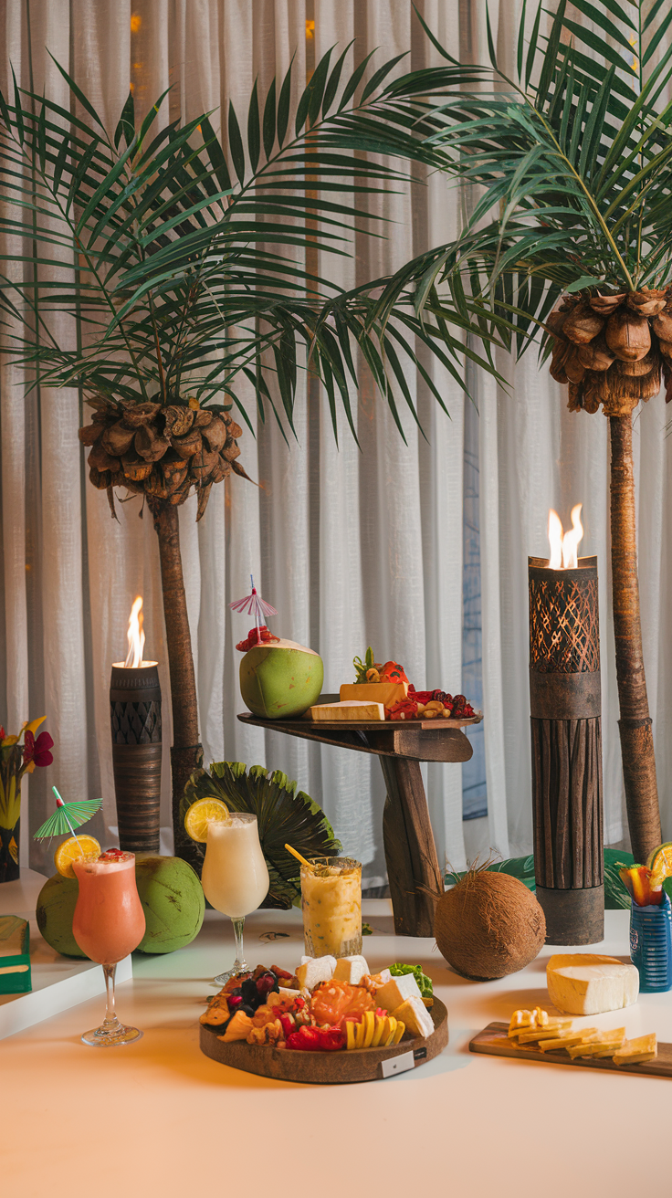A tropical-themed setup with drinks, fruits, and cheese arranged on a table. There are coconut drinks with umbrellas, a platter with fruits and cheeses, and flaming tiki torches, surrounded by palm fronds.