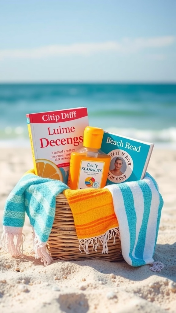 A gift basket with books, sunscreen, and a towel on the beach