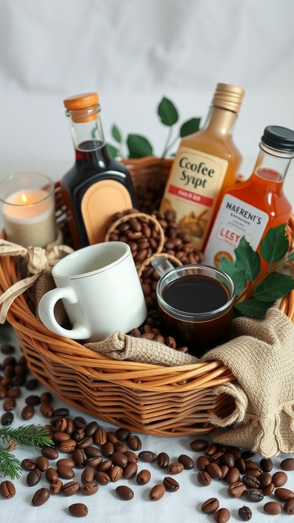 A beautifully arranged gift basket filled with coffee-related items including syrups, mugs, and coffee beans.