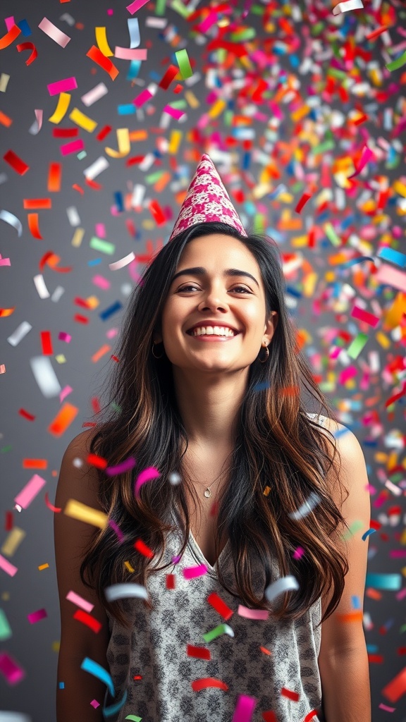 A woman smiling joyfully with colorful confetti falling around her during a birthday celebration.