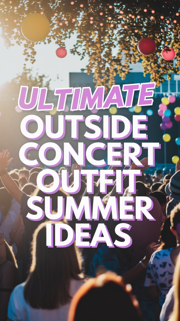 A crowded outdoor concert scene with colorful balloons and decorative lights, featuring the text "Ultimate Outside Concert Outfit Summer Ideas" overlaid.