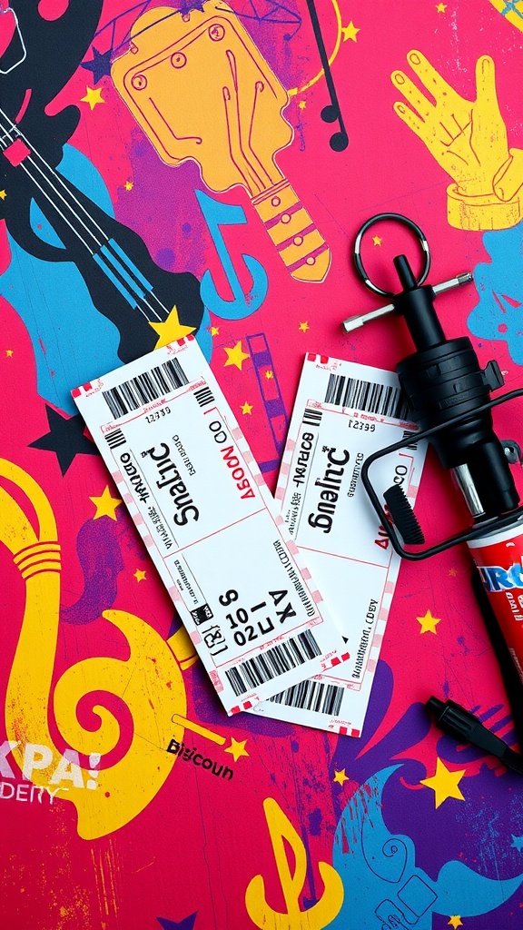 Colorful concert tickets on a vibrant background with musical elements.