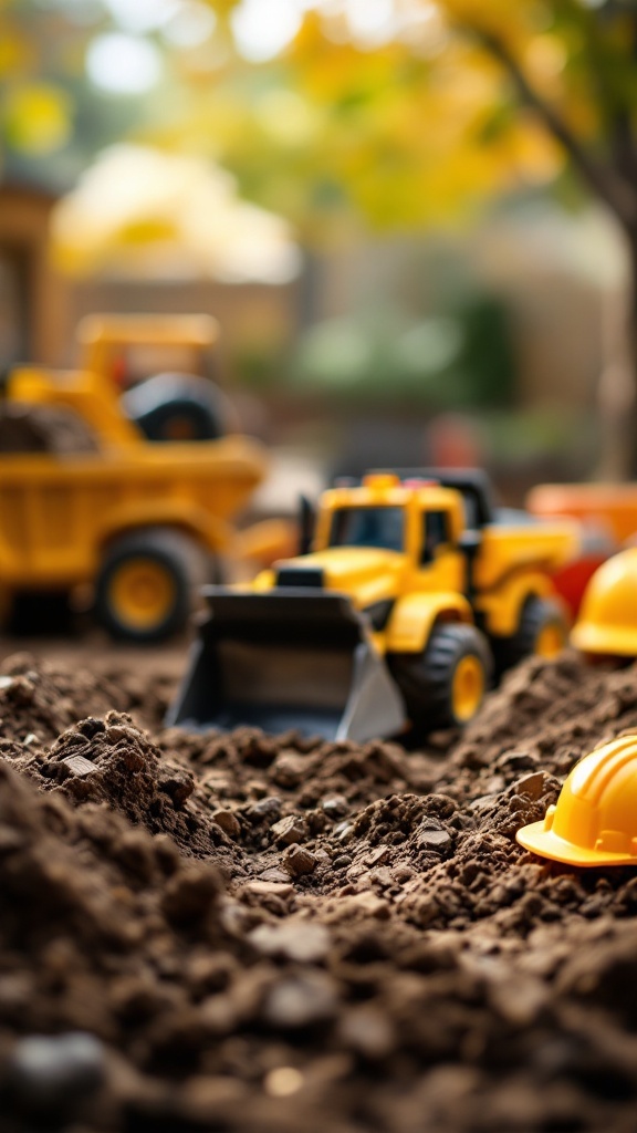 Toy construction vehicles and hard hats on dirt at a birthday party setting.