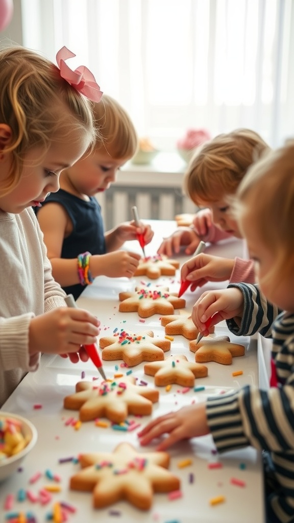 Children decorating cookies at a table with icing and sprinkles.
