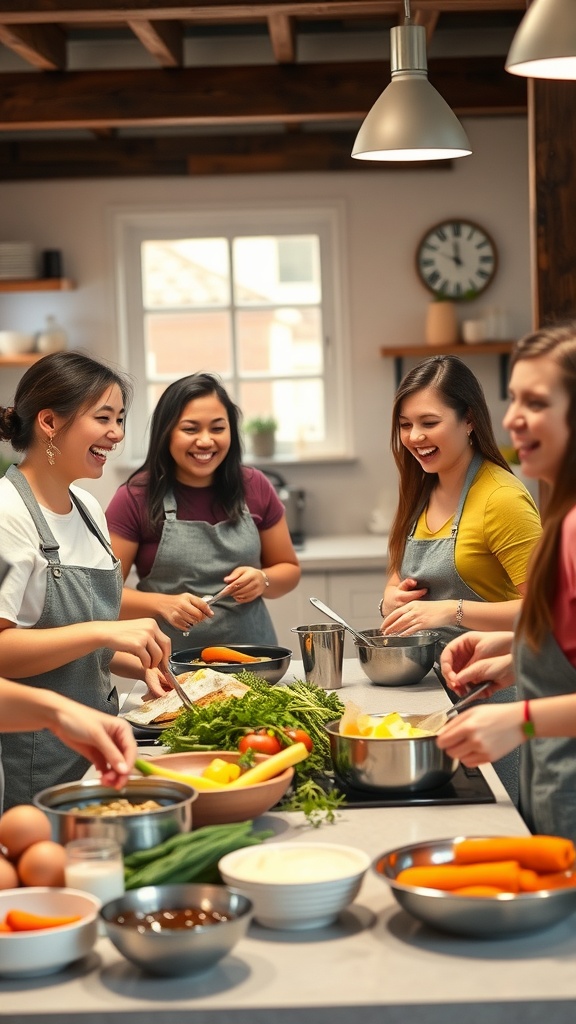Group of friends enjoying a cooking class in a kitchen, preparing food together and having fun.