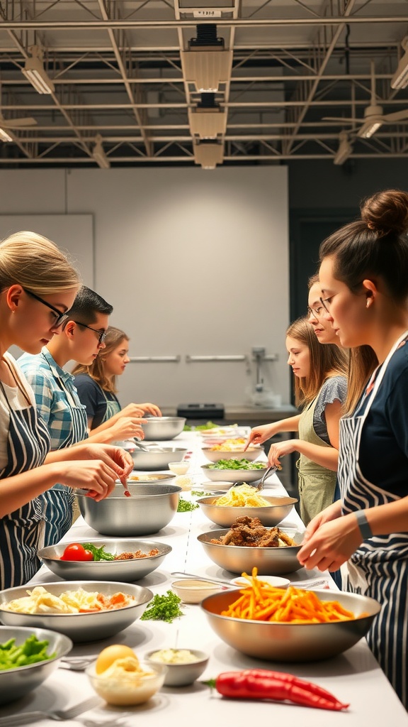 Teenagers participating in a cooking competition, preparing various dishes at a long table.