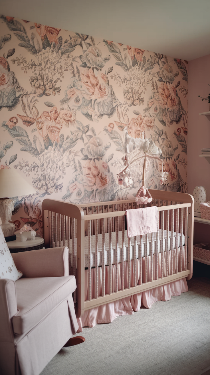 A cozy nursery with a wooden crib featuring pink bedding, a floral mobile hanging above, and floral wallpaper on the walls. A pink cushioned armchair is placed beside a small table with a lamp and decorative items.