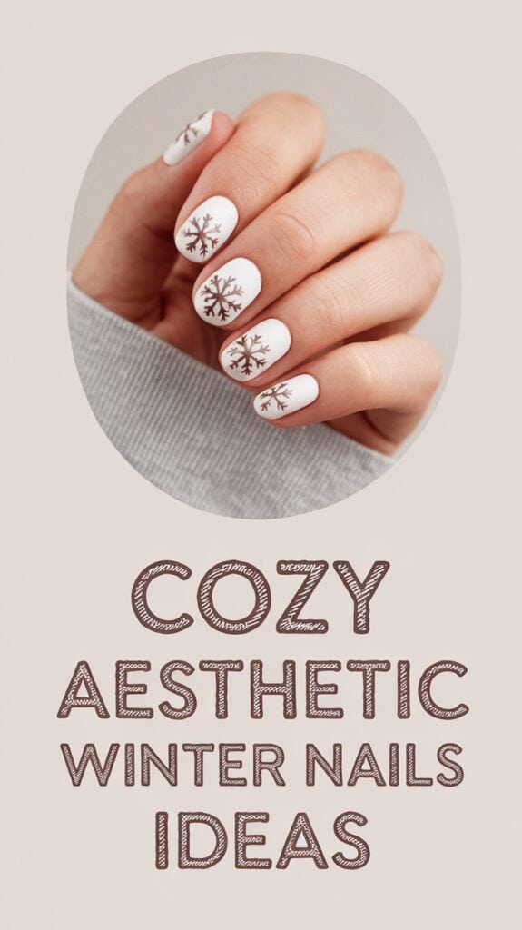 Hand with white nail polish featuring brown snowflake designs, above text reading "Cozy Aesthetic Winter Nails Ideas."
