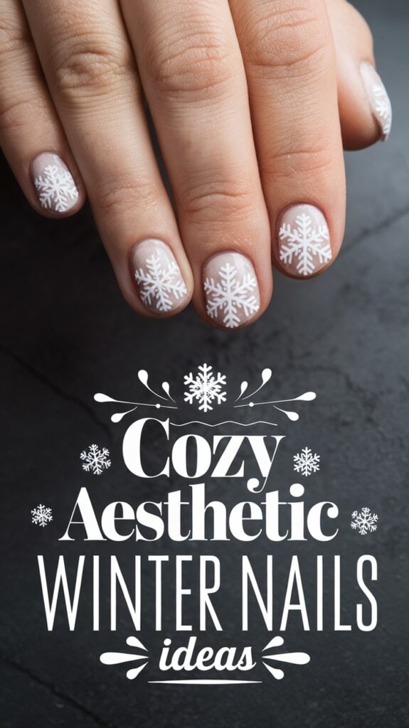 A hand with nails painted in a wintry design featuring white snowflakes against a soft, nude background. Below the nails is the text 'Cozy Aesthetic Winter Nails Ideas' adorned with small snowflake illustrations.