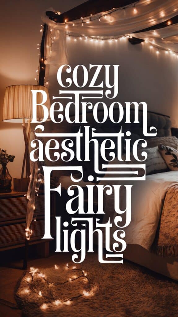A cozy bedroom with fairy lights draped around the bed, creating a warm and inviting atmosphere. A soft lamp and decorative pillows enhance the aesthetic charm of the room.