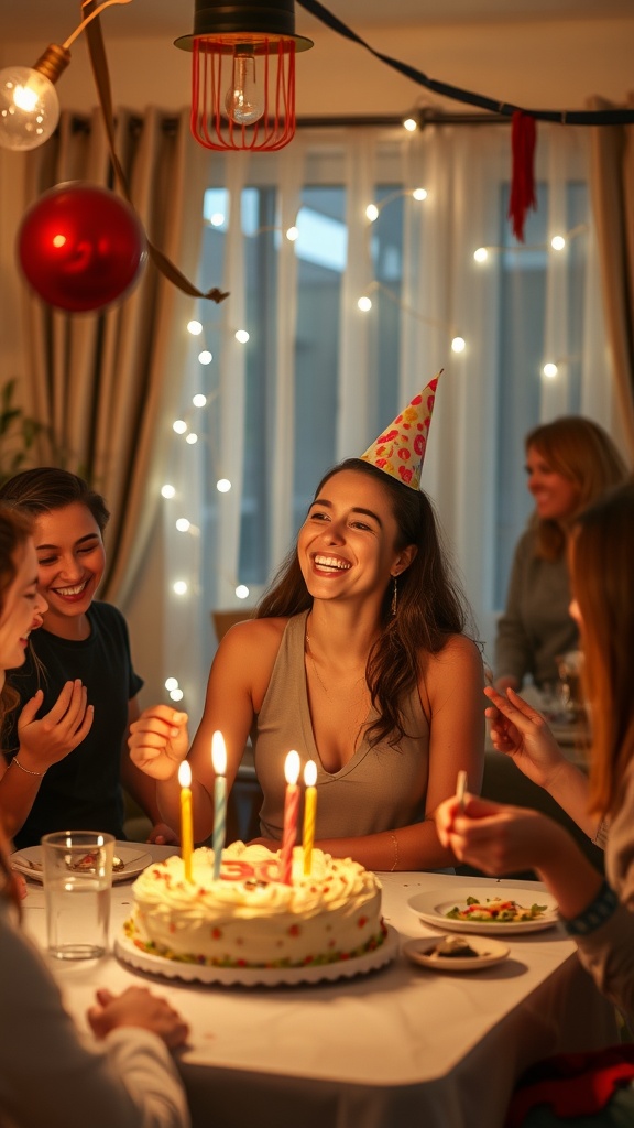 A group of friends celebrating a birthday at home with a cake and joyful atmosphere.