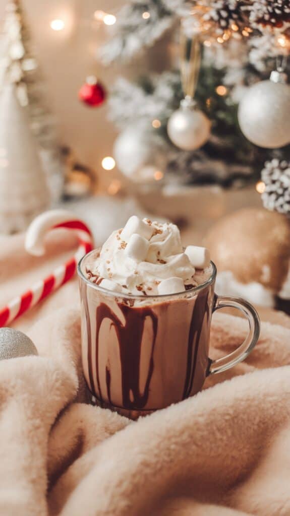 A festive mug of hot chocolate topped with whipped cream and marshmallows, drizzled with chocolate syrup, set on a soft beige blanket with a candy cane and Christmas decorations in the background.