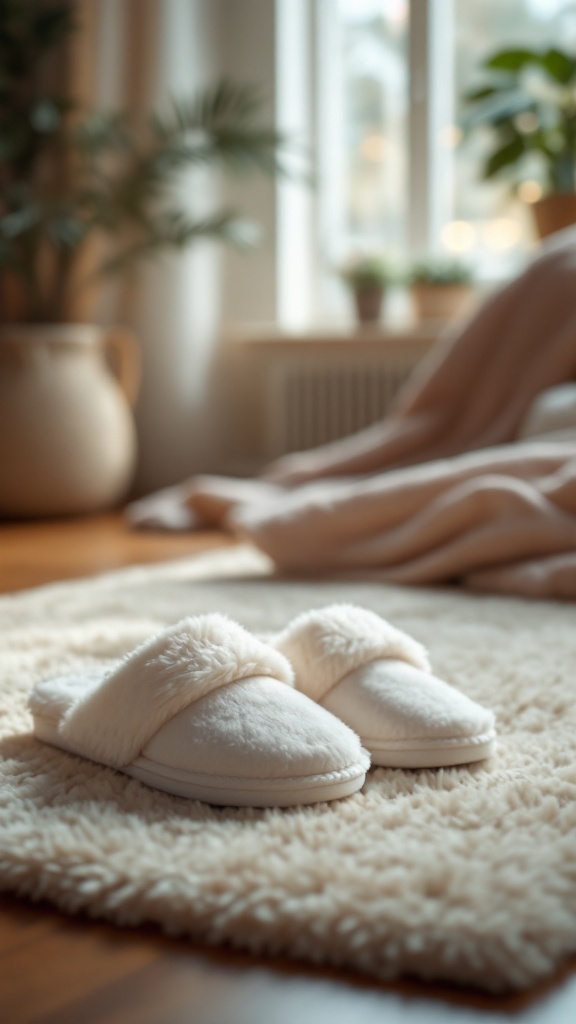 A pair of cozy, fluffy slippers on a soft rug near a window.