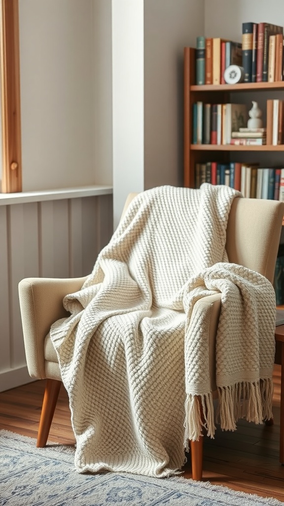 A soft, textured throw blanket draped over a chair in a cozy room with bookshelves.