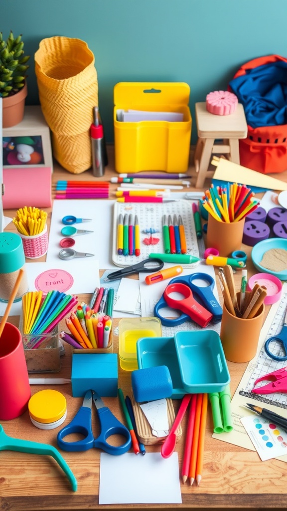 A variety of colorful craft supplies on a table, including scissors, markers, and paper.
