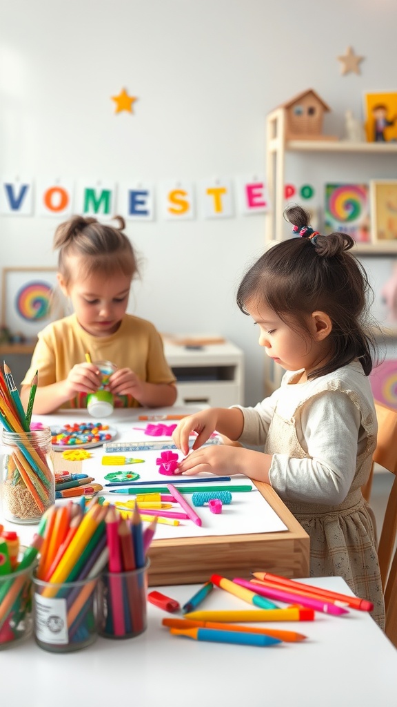 Two children engaged in creative activities at a craft station, surrounded by colorful art supplies.