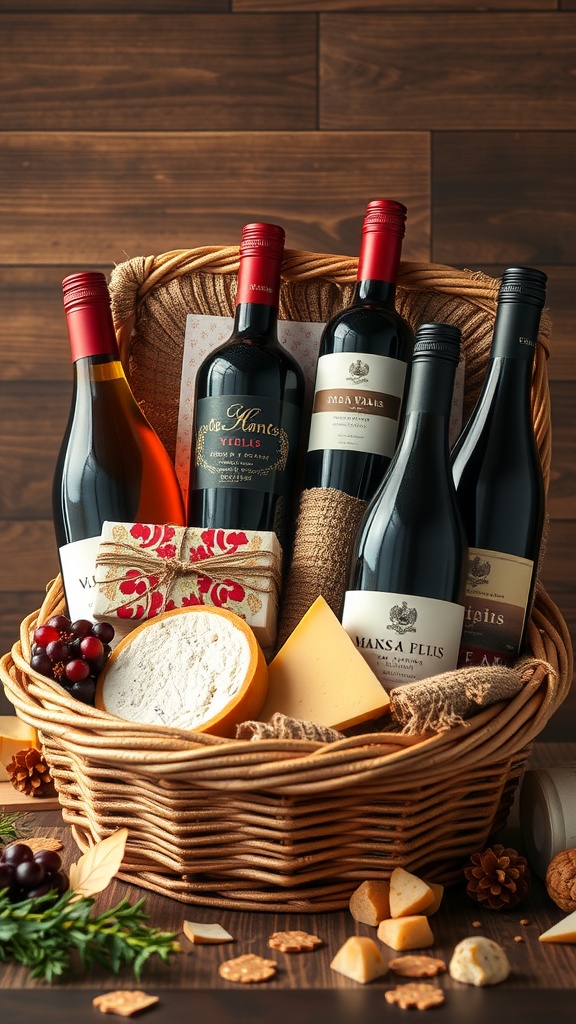 A beautiful gift basket featuring various bottles of wine, cheeses, and snacks.