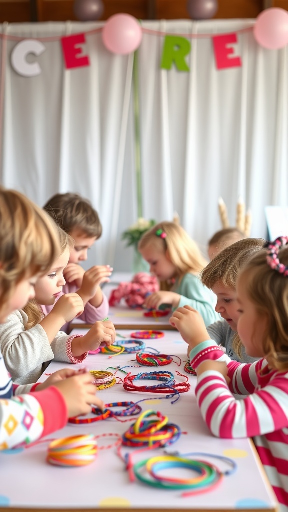 Children making colorful friendship bracelets at a party.