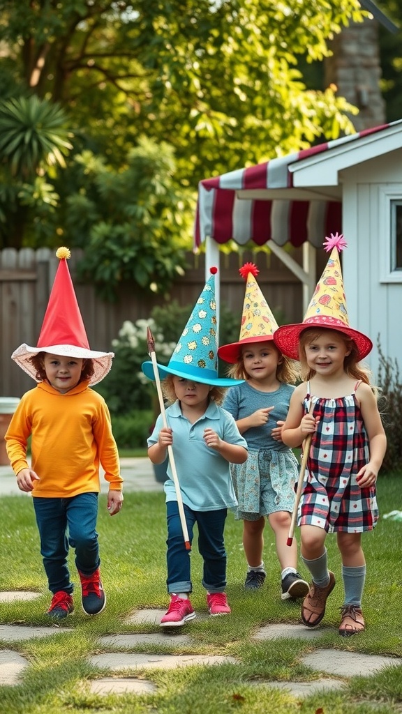 Four kids wearing colorful hats, smiling and walking together in a garden.