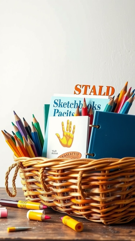 A gift basket filled with colorful art supplies including pencils, sketchbooks, and markers.