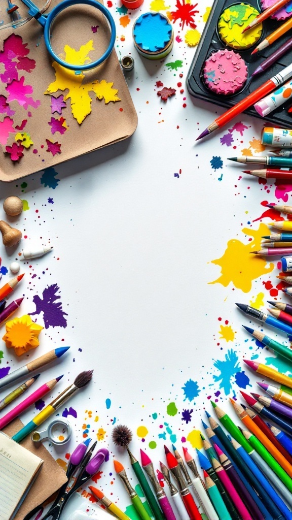 A colorful display of art supplies including colored pencils, paint, and craft materials arranged around a blank canvas.