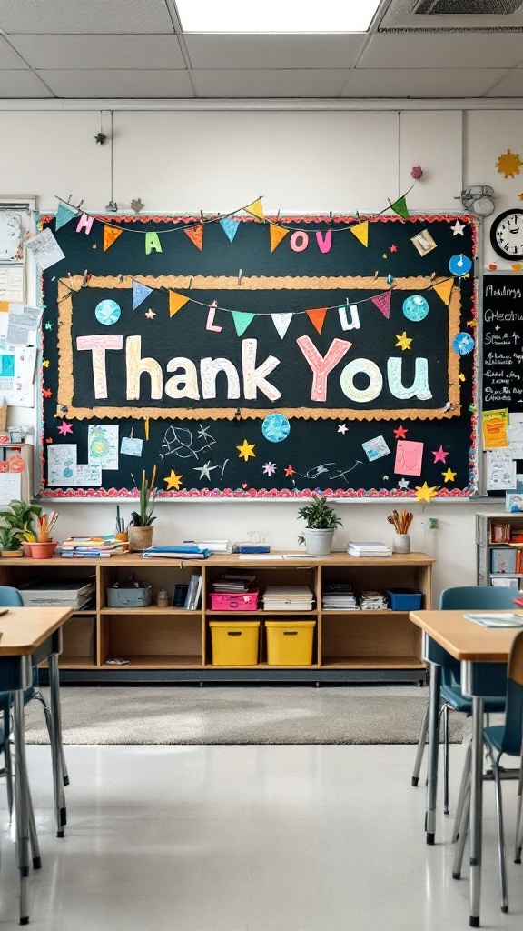 A colorful classroom banner reading 'Thank You' decorated with stars and triangles.