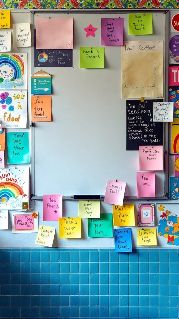 A colorful classroom thank you wall filled with notes and drawings expressing appreciation for teachers.