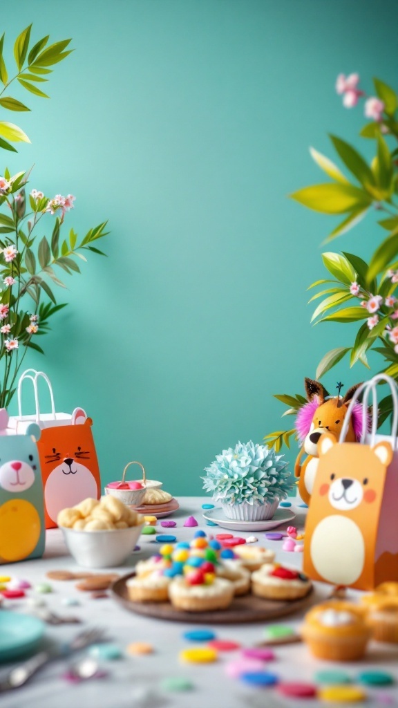 Colorful DIY party favors for a 4th birthday celebration, featuring animal-themed bags and various treats.