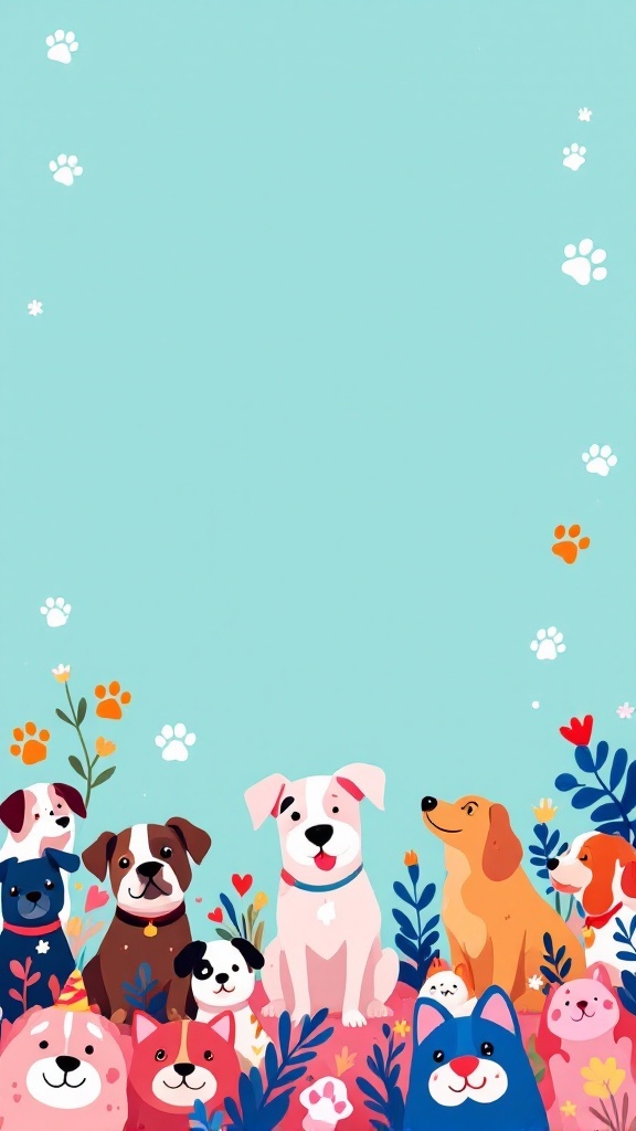A colorful illustration of various cartoon dogs with floral designs.