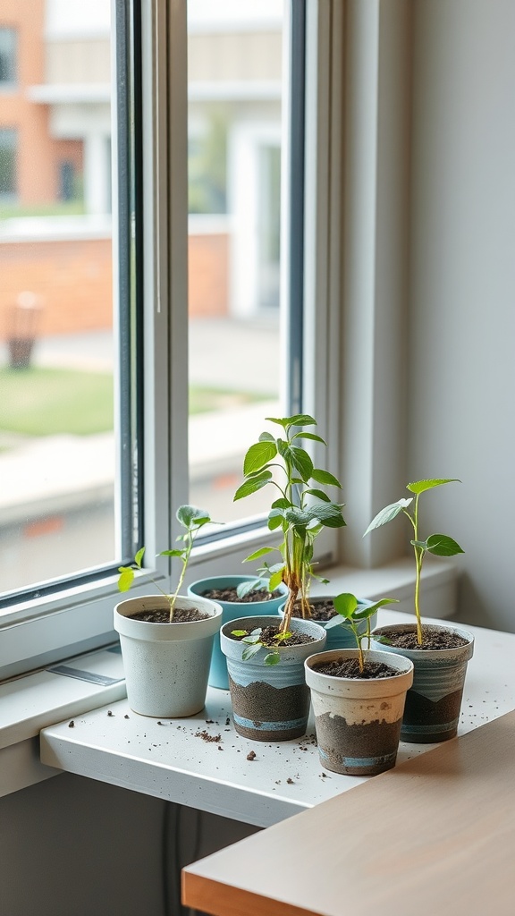 A variety of small potted plants on a windowsill, showcasing different kinds of greenery.