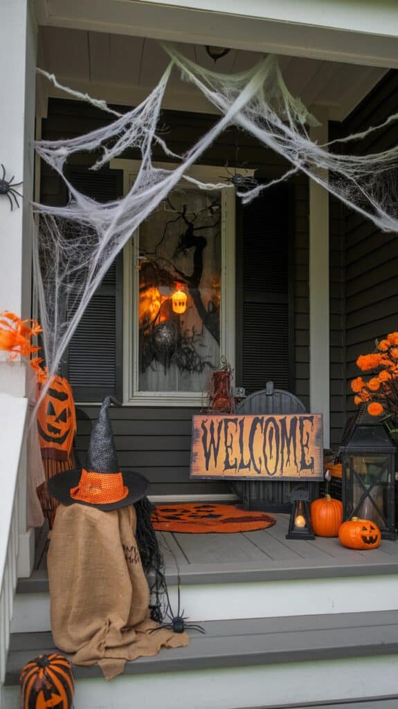 A front porch decorated for Halloween with fake spider webs, a "Welcome" sign, pumpkins, a witch hat on a burlap sack, and orange flowers. A ghost decoration and a glowing lantern are visible through the window.