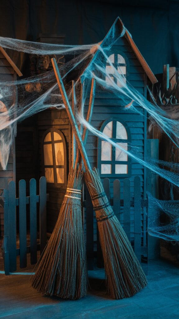 Two traditional brooms leaning against each other, set in front of a dark, haunted-looking house covered in cobwebs, creating a spooky atmosphere.
