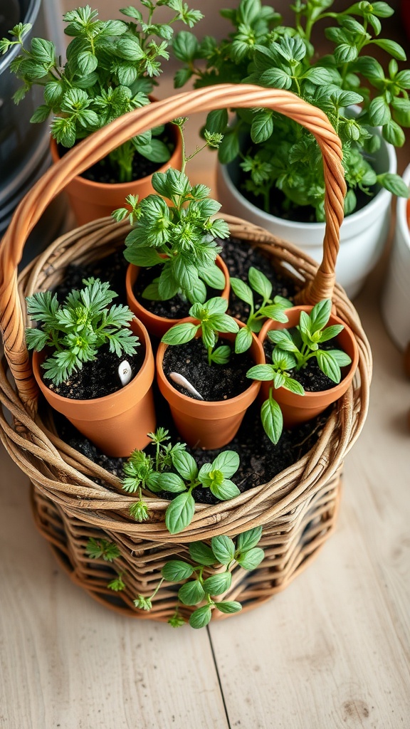 A basket filled with small pots of various herbs.