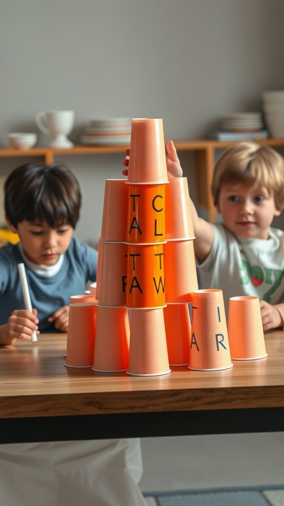 Two children participating in a cup stacking race with orange cups on a table.