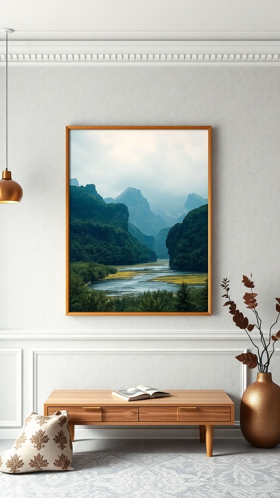 A beautifully framed landscape artwork hanging on a wall with a cozy living room setup.