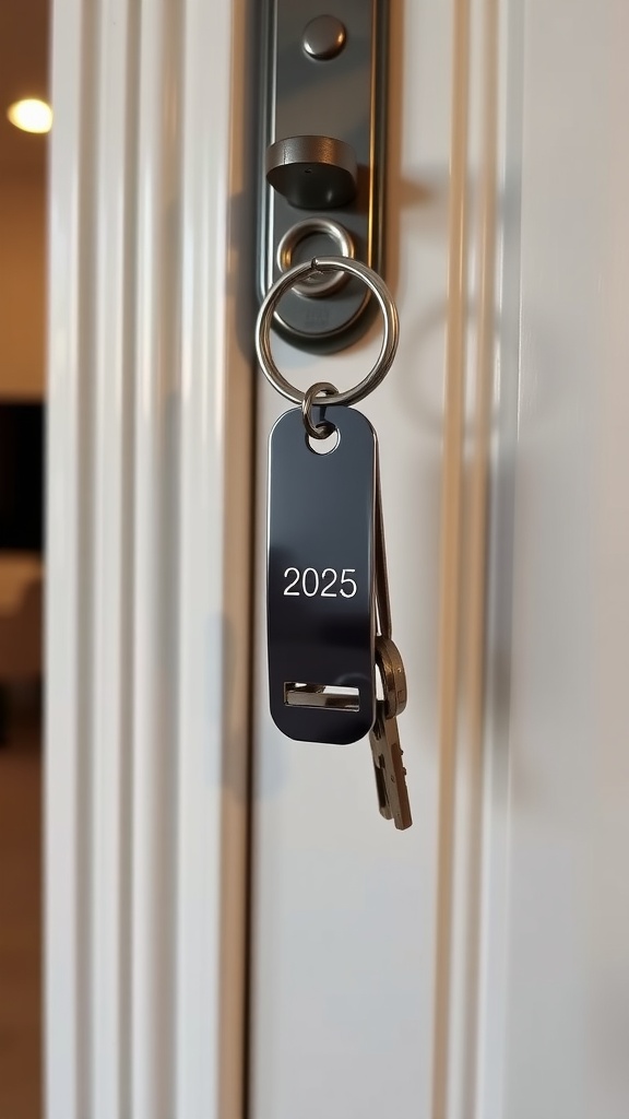 A metal key inserted into a door lock with a keychain tag labeled '2025' hanging from it.