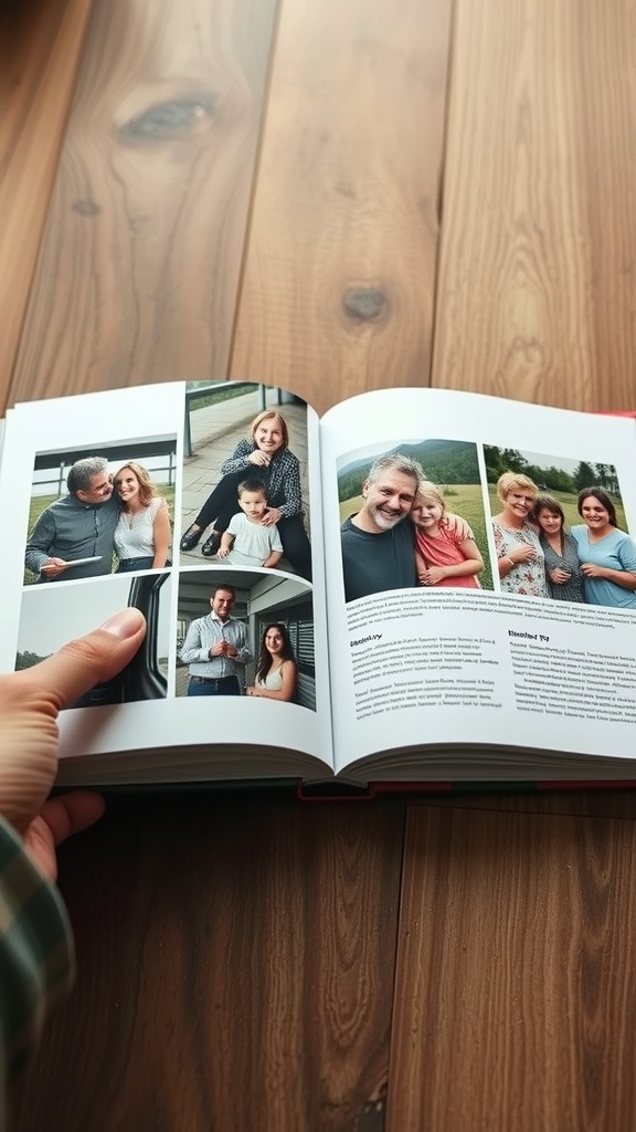A hand holding an open custom photo book showing various family and friends' images.