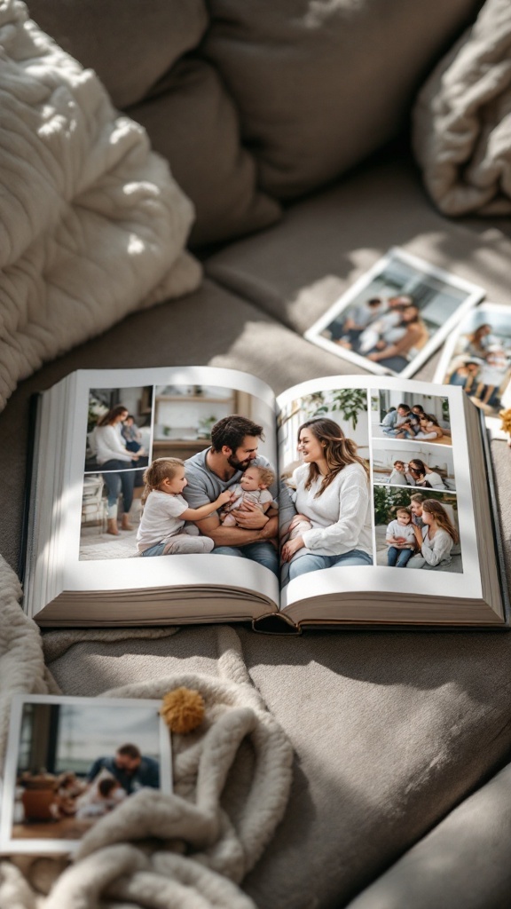 An open photo album displaying pictures of a family sitting on a cushiony beige couch with fuzzy blankets around it. Several photographs of a family, including parents and children, are scattered on the sofa, showing warm, happy moments.